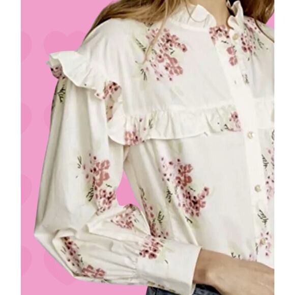 Rebecca Taylor Maia Ivory & Pink Floral Ruffled Victorian Cotton Blouse Sz 10 L - Picture 10 of 12